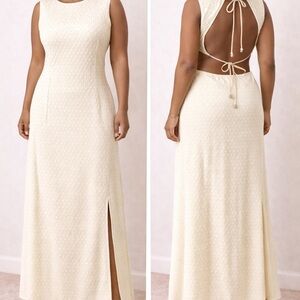 Free People Ivory Eyelet Open Back Tie Midi Dress Side Slit Size M NWT